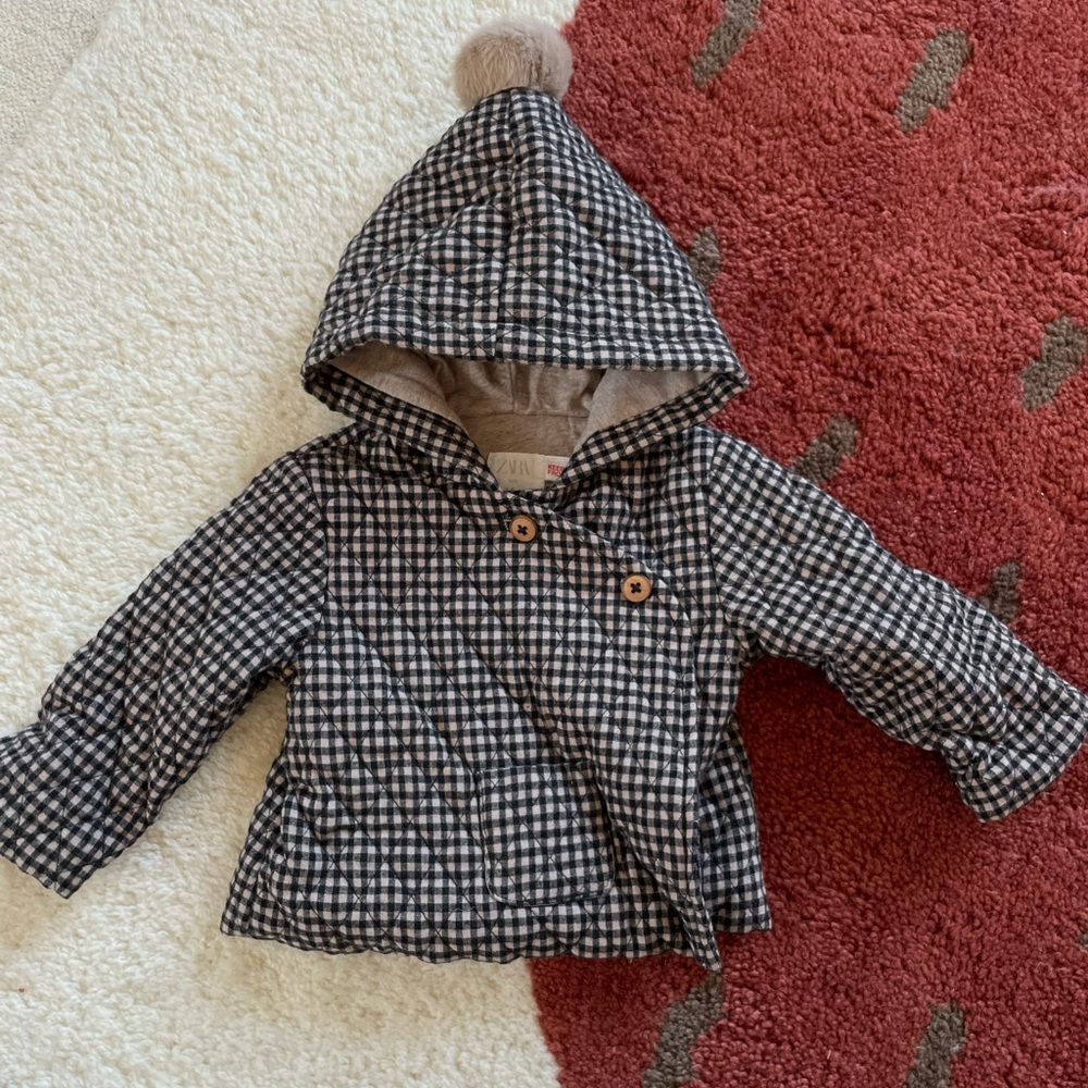 Zara black and cream quilted gingham coat with Pom size 3-6 months